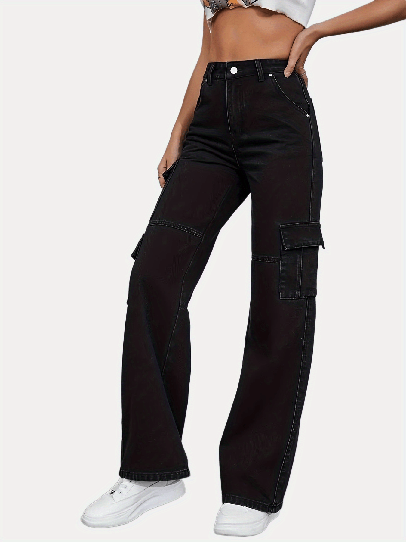 「lovevop」Flap Side Pocket Black High Waist Denim Pants, Cargo Pocket Casual Wide Leg Jeans, Stylish & Trendy, Women's Denim Jeans & Clothing