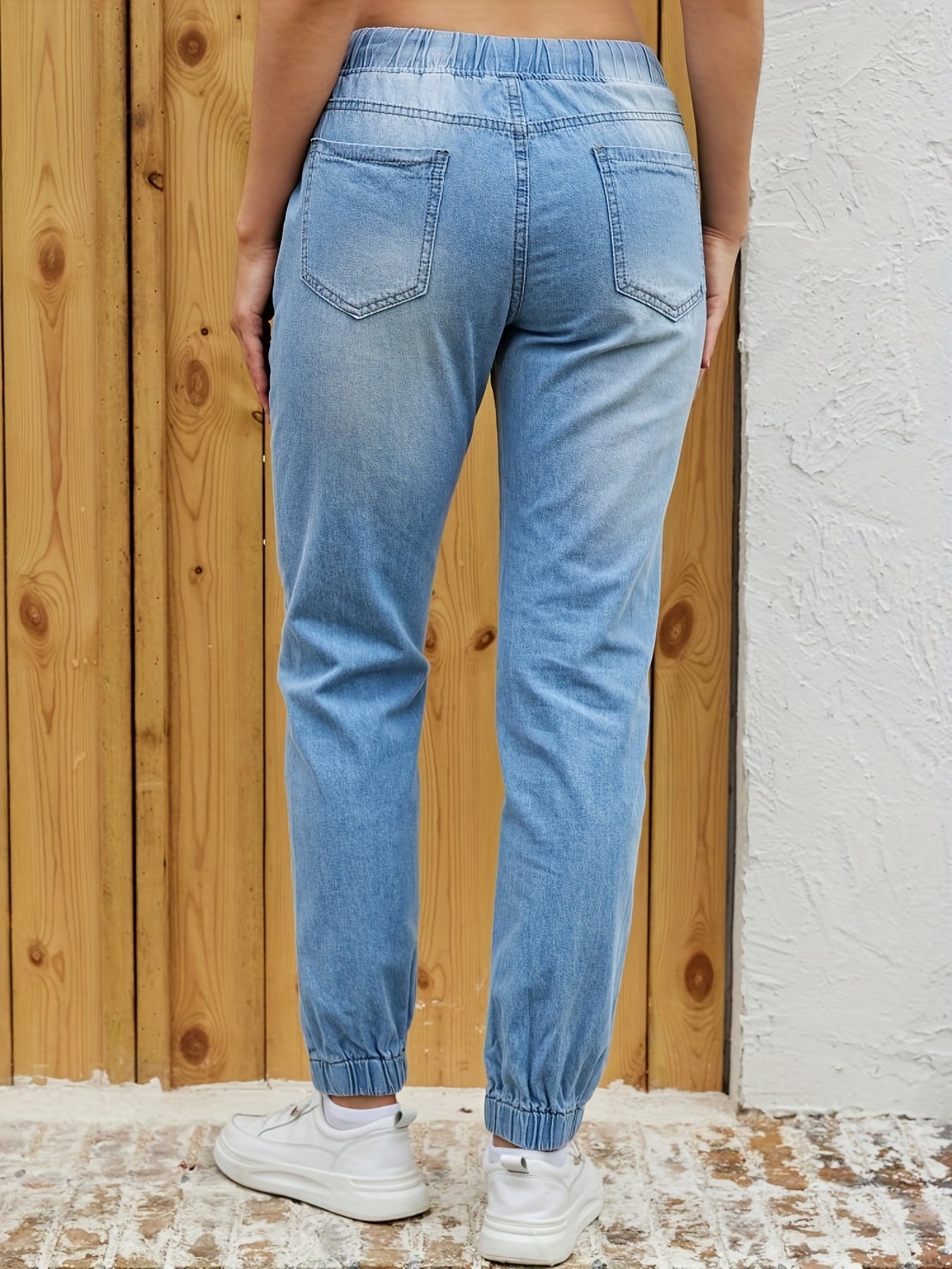 「lovevop」Blue Elastic Waist Jogger Pants, Slash Pockets Straight Legs Mid-Waist Denim Pants, Women's Denim Jeans & Clothing