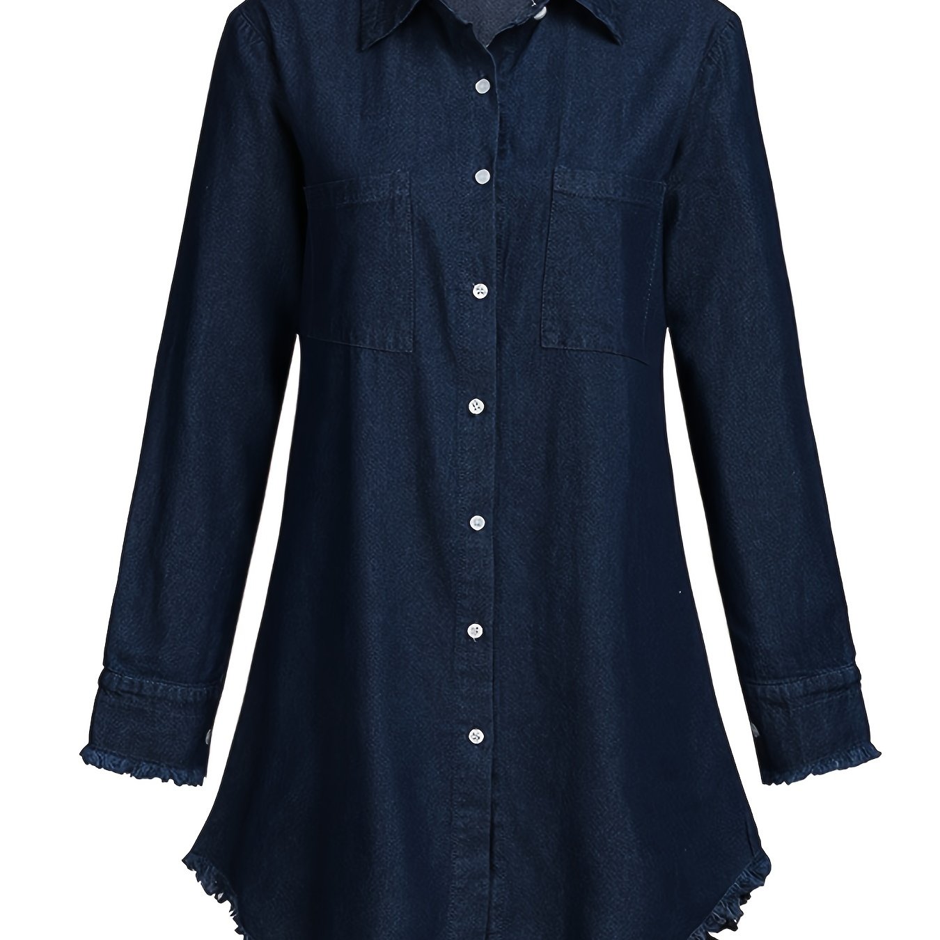 Lovevop-Raw Hem Long Sleeves Denim Shirt, Single-Breasted Button Patched Pockets Lapel Denim Shirt, Women's Denim Clothing