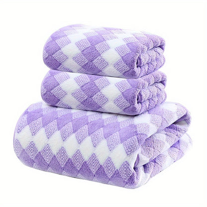 2pcs Towels + 1pc Bath Towel/ 3pcs Plaid Pattern Towel Set, Coral Velvet 2 Hand Towel + 1 Bath Towel, Soft Absorbent Towels For Bathroom, 1 Bath Towel & 2 Hand Towel, Towel Set For Home Bathroom, Bathroom Supplies