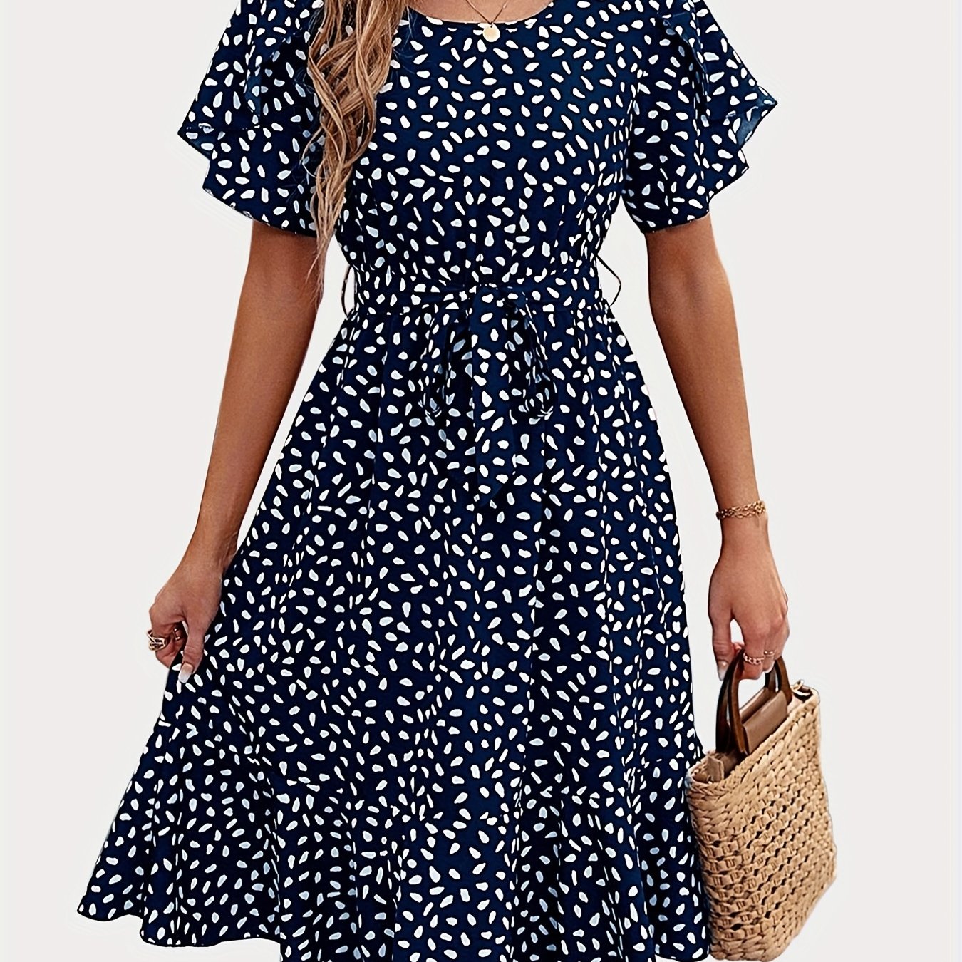 「lovevop」Floral Print Crew Neck Dress, Casual Ruffle Trim Short Sleeve Slim Waist A Line Dress, Women's Clothing