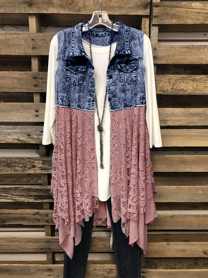 Lovevop-Lace High Low Trim Denim Vest Dress, Flap Pockets Raw Hem Lady Distressed Vest Dress, Women's Denim & Clothing