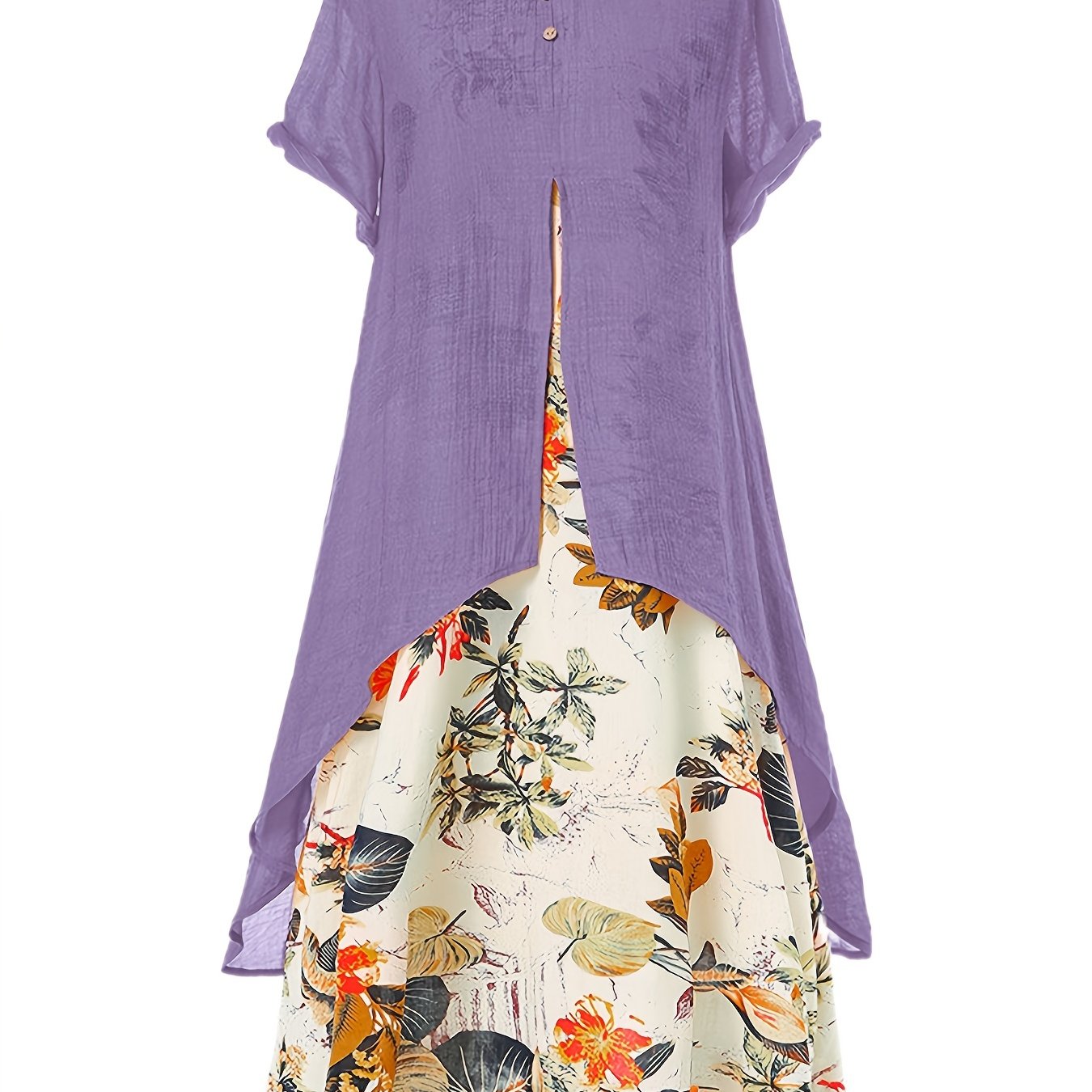 「lovevop」Casual Asymmetrical Floral Print Dress, Crew Neck Short Sleeve Dress, Casual Every Day Dress, Women's Clothing