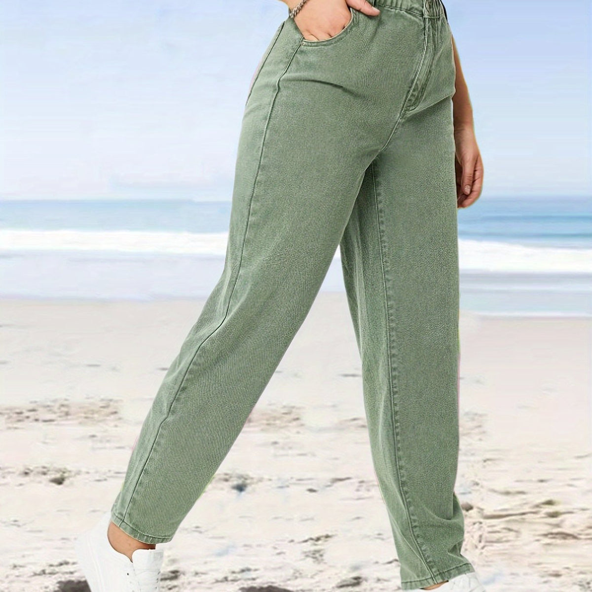 「lovevop」Green Paperbag Waist Straight Jeans, High Waist Slim Fit High Rise Denim Pants, Women's Denim Jeans & Clothing