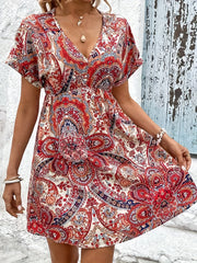 「lovevop」Ethnic Floral Print Dress, Boho High Waist V Neck Short Sleeve Dress, Women's Clothing