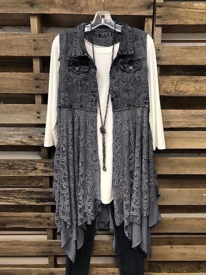 Lovevop-Lace High Low Trim Denim Vest Dress, Flap Pockets Raw Hem Lady Distressed Vest Dress, Women's Denim & Clothing