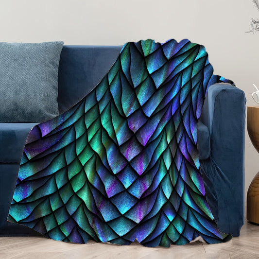 1pc Tri-Color Dragon Scale Print Flannel Throw Blanket - Soft, Warm & Cozy for Couch, Bed, Office, and Travel - Versatile All-Season Gift