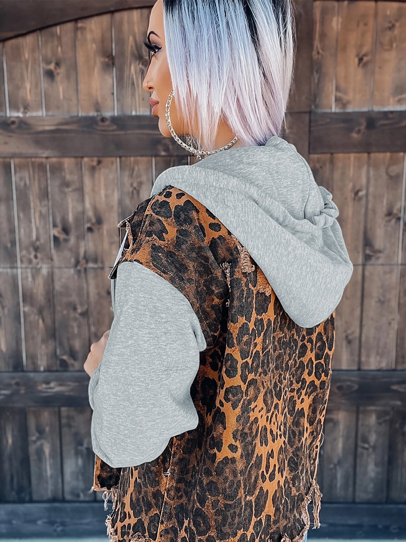 Lovevop-Leopard Print Patchwork Hooded Denim Jackets, Ripped Raw Hem Distressed Long Sleeve Denim Coats, Women's Denim & Clothing