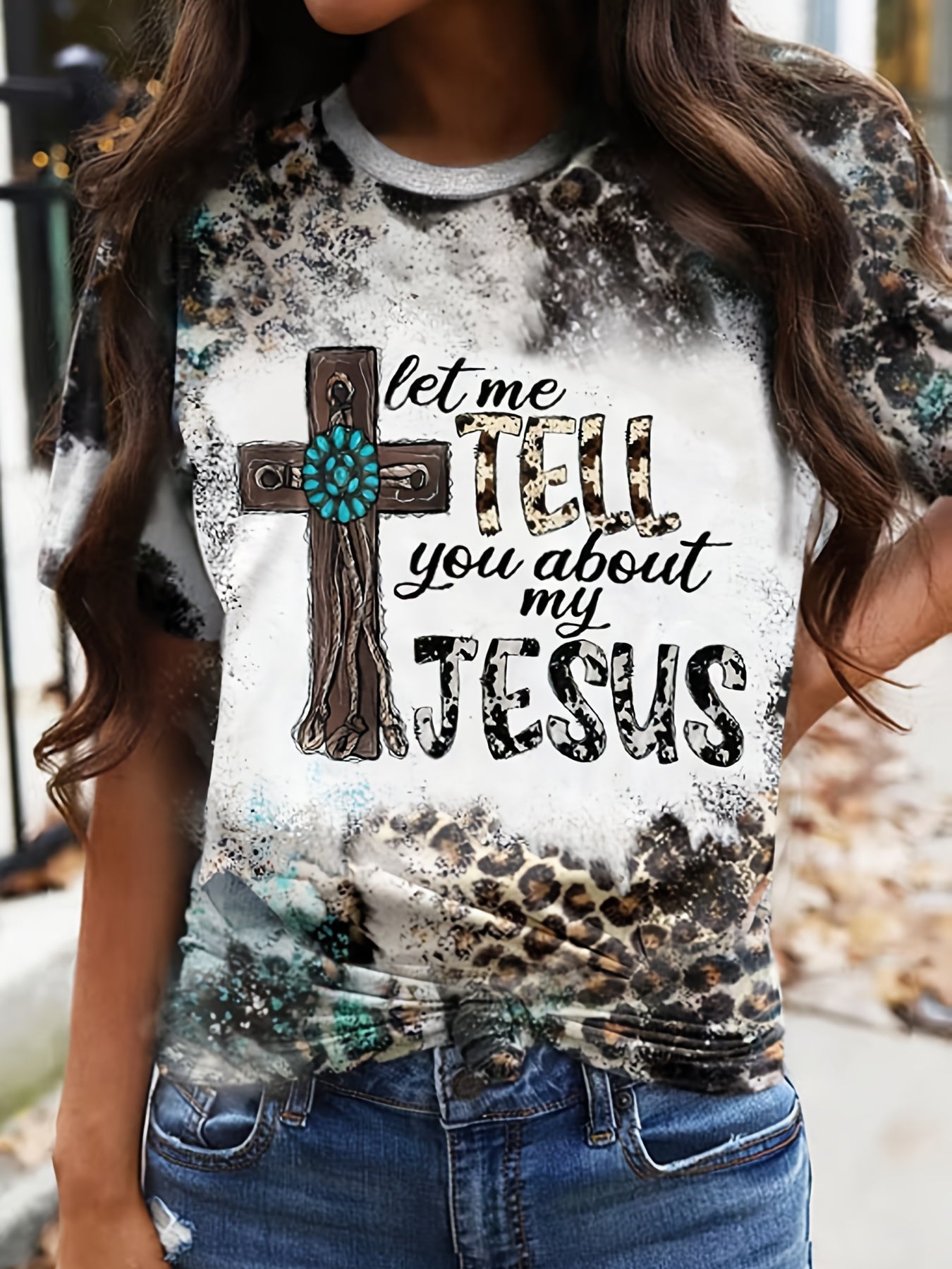 「lovevop」Let Me Tell You About My Jesus Letter & Cross Print T-shirt, Casual Vintage Leopard Short Sleeve T-shirt, Women's Clothing