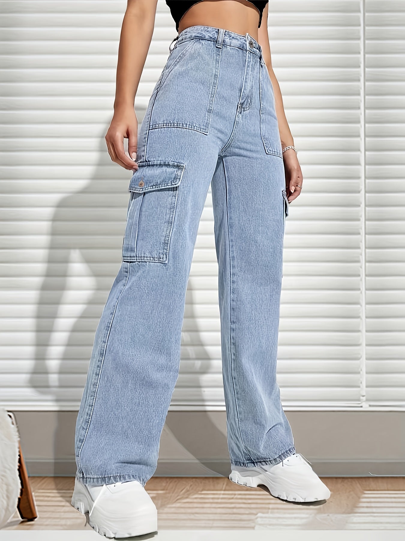 「lovevop」High Rise Light Wash Cargo Denim Pants, Loose Multi-pocket Street Style Cargo Jeans, Women's Denim Jeans & Clothing