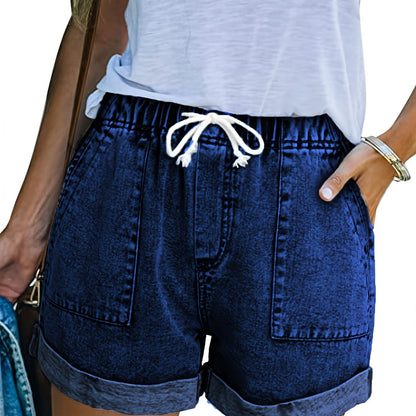 Womens Fashion Shorts - Ultra-Casual Denim Drawstring Elastic Waist Roll-Up Hem Shorts for Summer - Classic Jeans Style, Perfect for Outdoor Activities