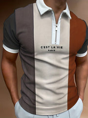 「lovevop」'C'EST LA VIE' Casual Short Sleeves Polo Shirts, Zipper V-neck Tee, Men's Comfortable Slim Tops Summer Clothing