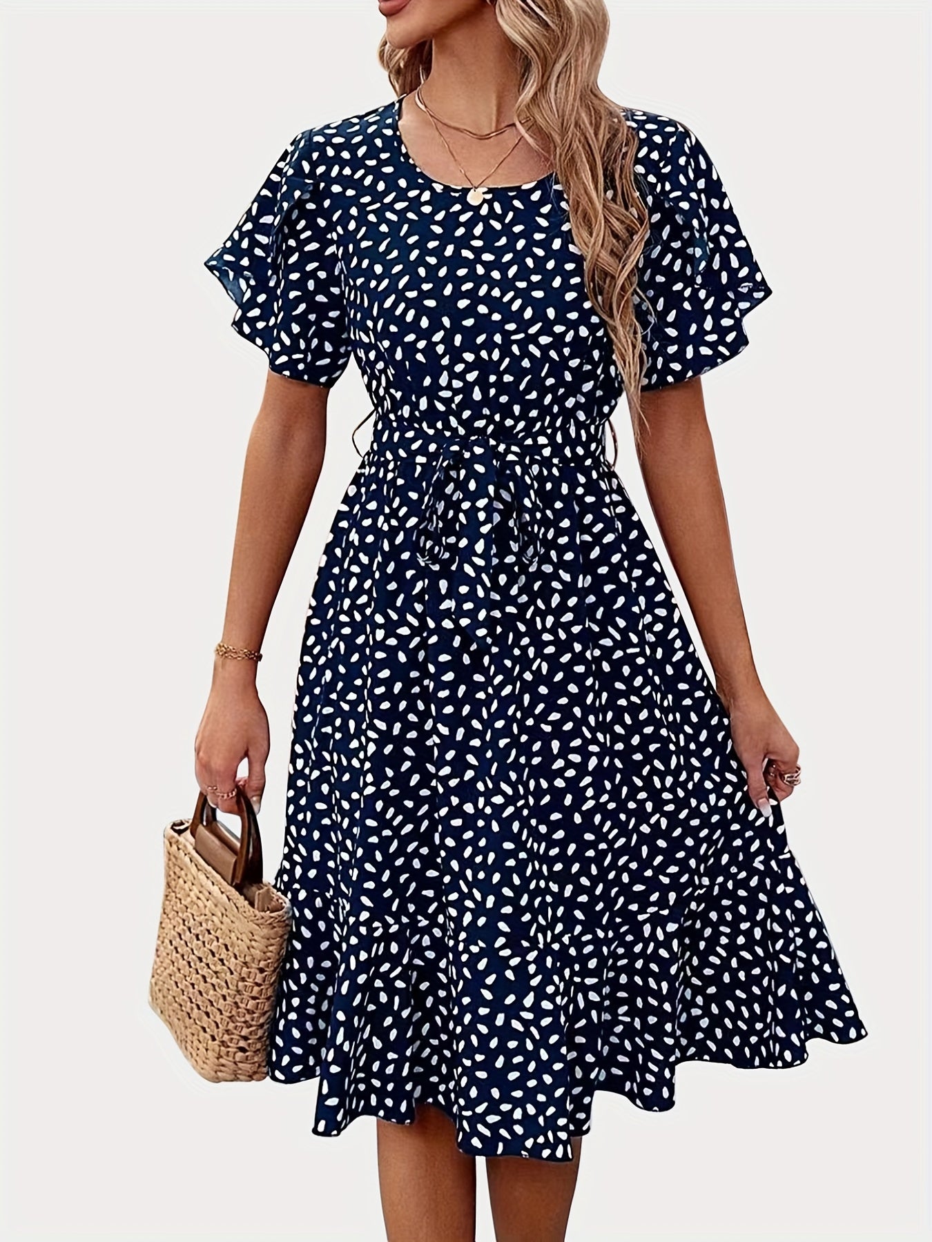 「lovevop」Floral Print Crew Neck Dress, Casual Ruffle Trim Short Sleeve Slim Waist A Line Dress, Women's Clothing