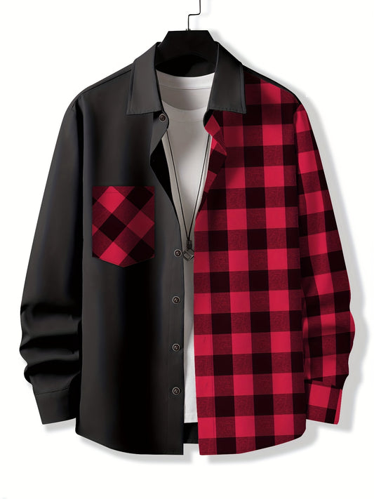 「lovevop」Stylish Collage Chest Pocket Plaid Pattern Casual Long Sleeve Button Up Shirt, Men's Clothes For Spring Summer Fall Outdoor