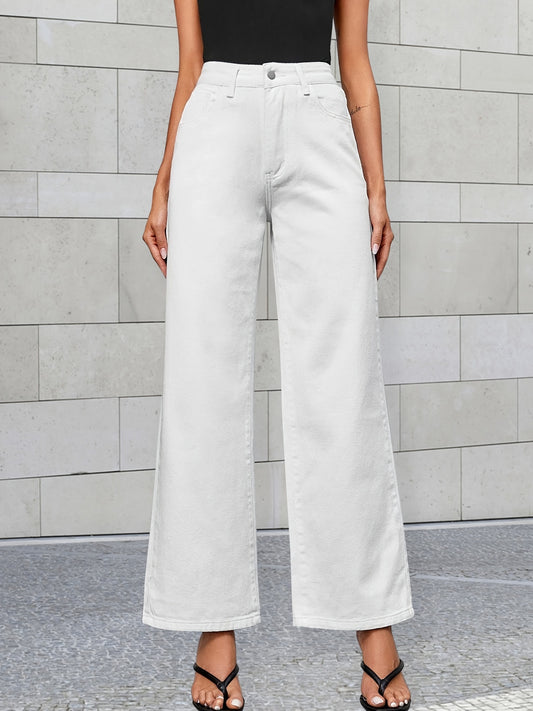「lovevop」White Wide Leg Straight Jeans, Slash Pockets Loose Fit High Waist High Rise Preppy Denim Pants, Women's Denim Jeans & Clothing