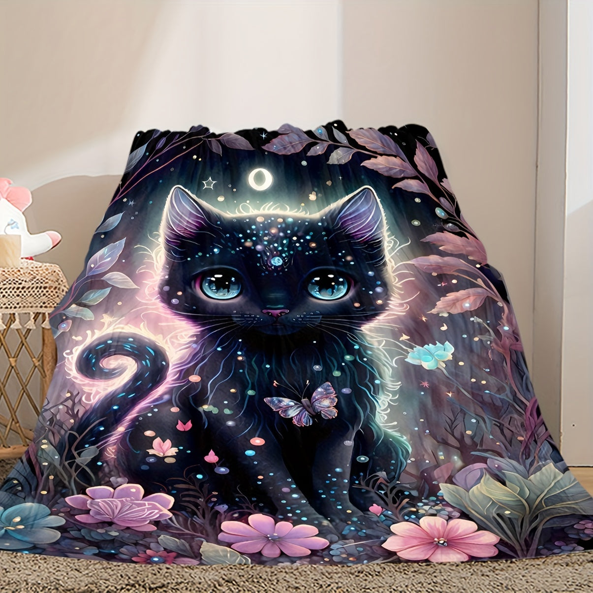 1pc Black Cat Super Soft And Comfortable Flannel Blanket, Lightweight Plush Blanket, Warm Plush Blanket, Suitable For Couch, Sofa, Bed Halloween Christmas Gifts