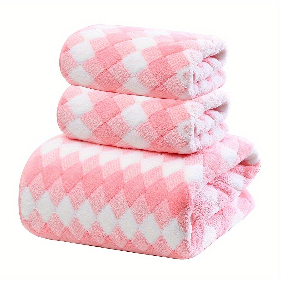 2pcs Towels + 1pc Bath Towel/ 3pcs Plaid Pattern Towel Set, Coral Velvet 2 Hand Towel + 1 Bath Towel, Soft Absorbent Towels For Bathroom, 1 Bath Towel & 2 Hand Towel, Towel Set For Home Bathroom, Bathroom Supplies