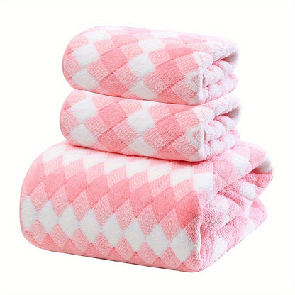 2pcs Towels + 1pc Bath Towel/ 3pcs Plaid Pattern Towel Set, Coral Velvet 2 Hand Towel + 1 Bath Towel, Soft Absorbent Towels For Bathroom, 1 Bath Towel & 2 Hand Towel, Towel Set For Home Bathroom, Bathroom Supplies
