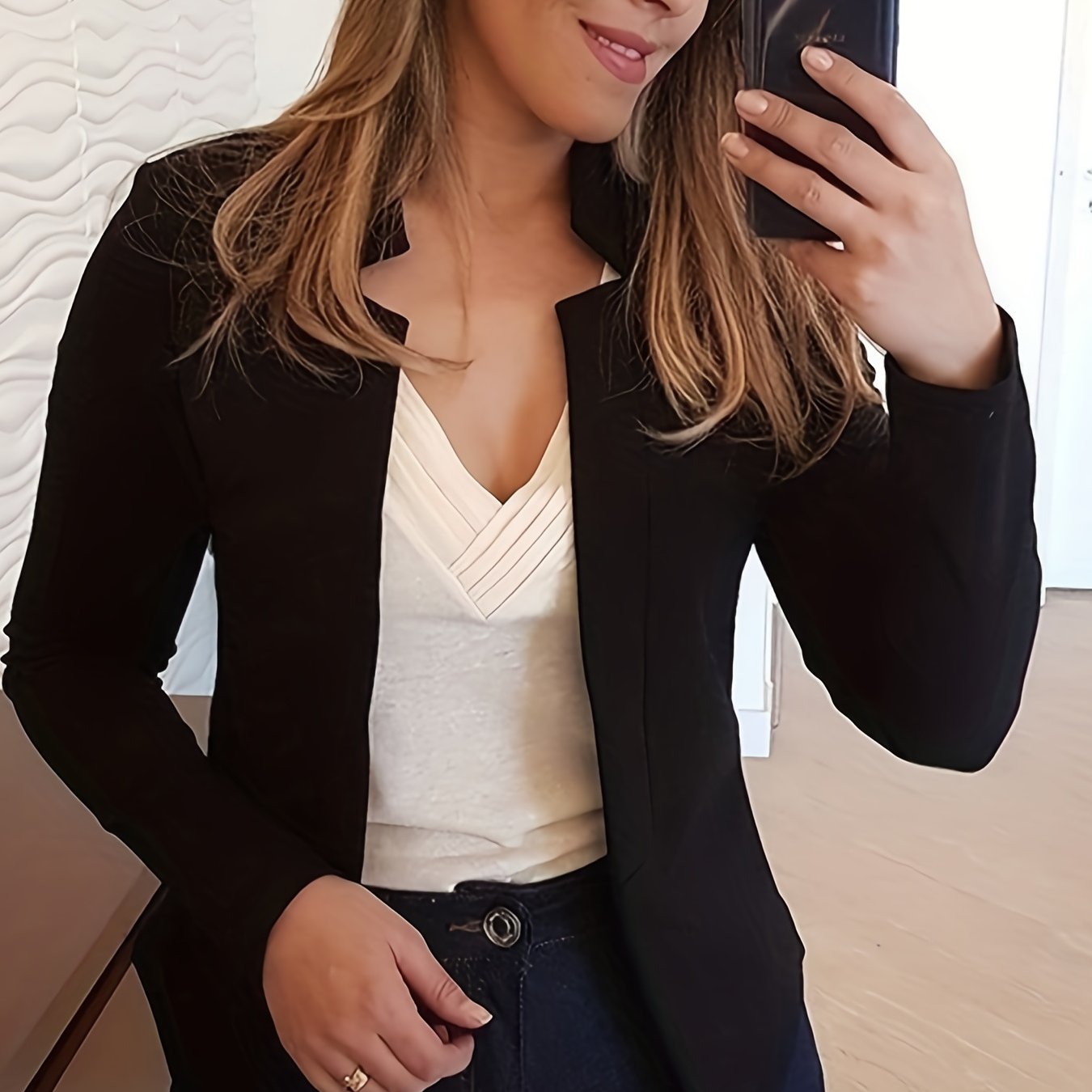 「lovevop」Solid Open Front Blazer, Elegant Long Sleeve Work Office Outerwear, Women's Clothing