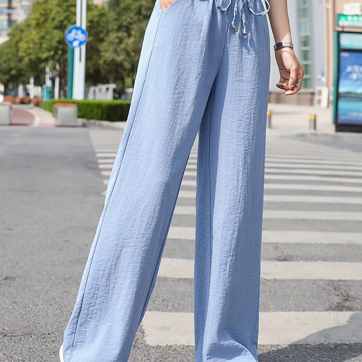 「lovevop」Minimalist Solid Drawstring Pants, Casual Long Length Elastic Waist Wide Leg Pants, Women's Clothing