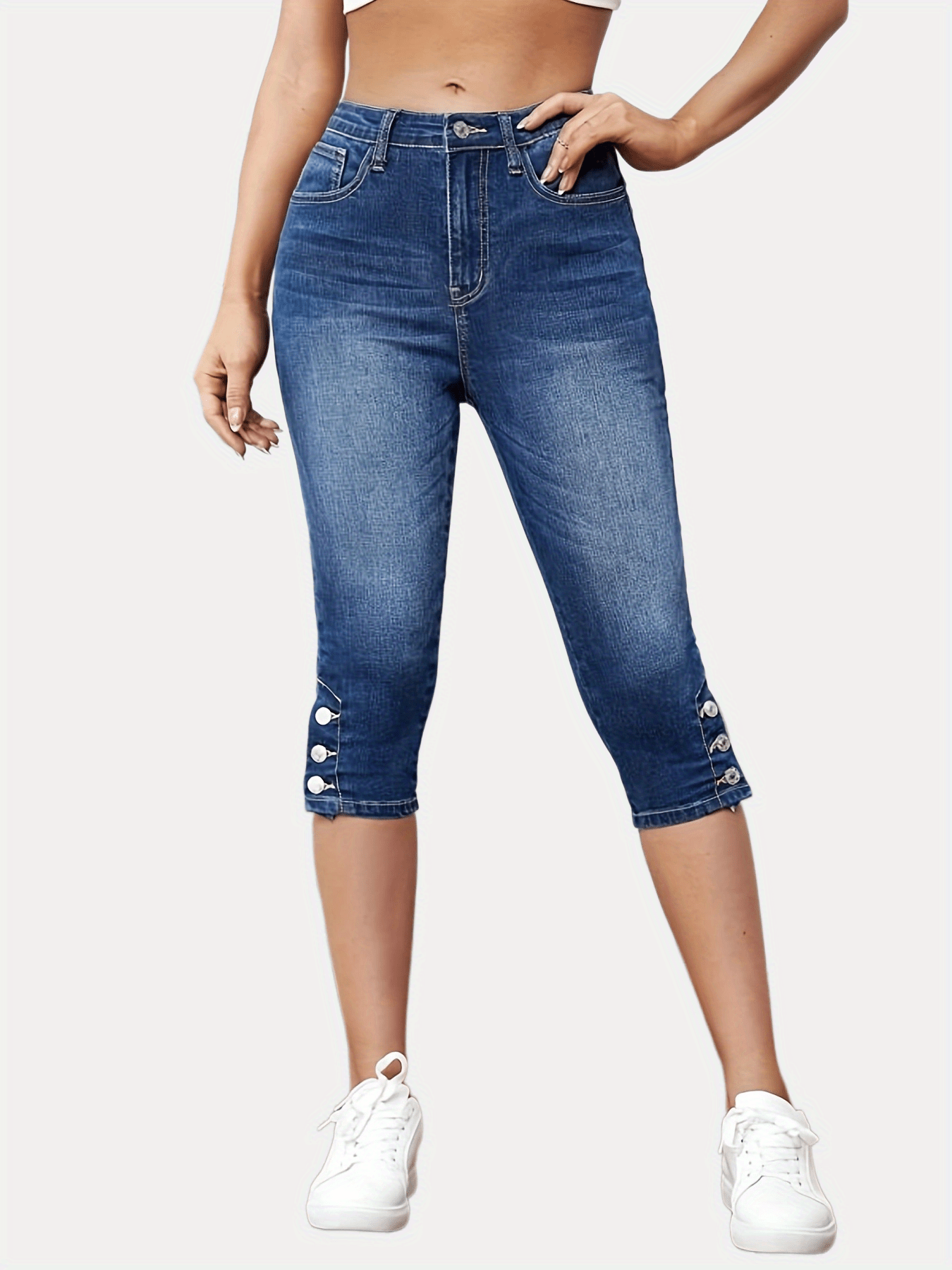 「lovevop」Blue Slim Fit Skinny Jeans, Slight-Stretch Slash Pockets Versatile High Waist Denim Pants, Women's Denim Jeans & Clothing