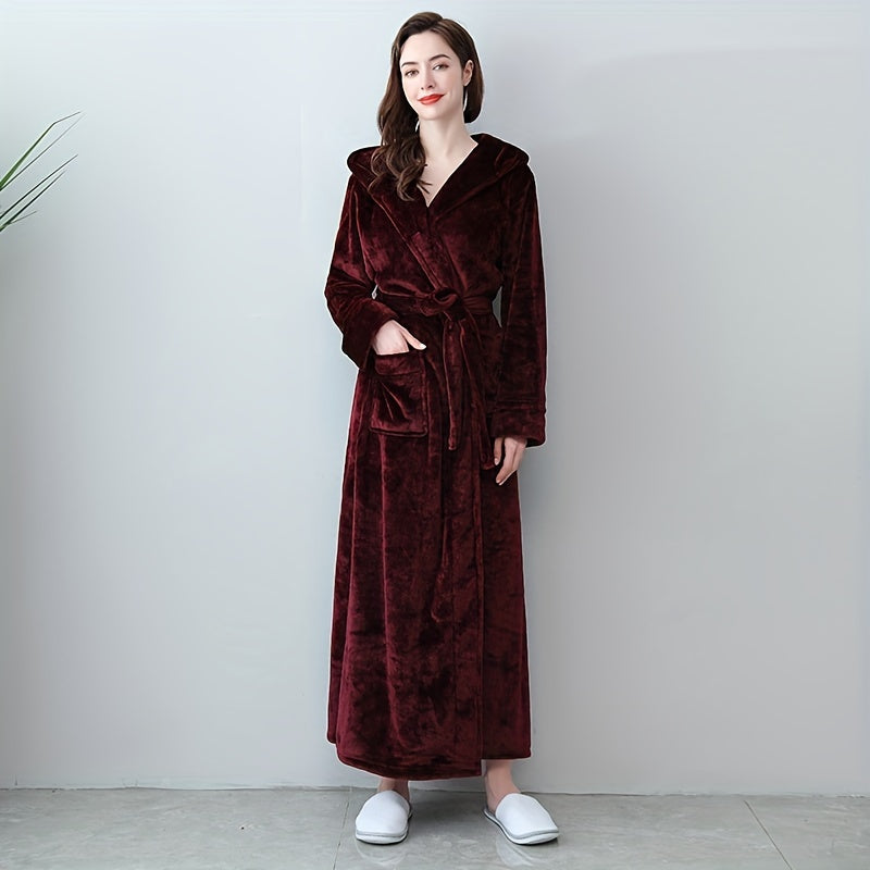 1pc Soft Coral Fleece Unisex Bathrobe - Thickened Long Sleeve Hooded Loungewear for Autumn and Winter - Plush Couple Style Bathroom Supplies for Cozy Relaxation