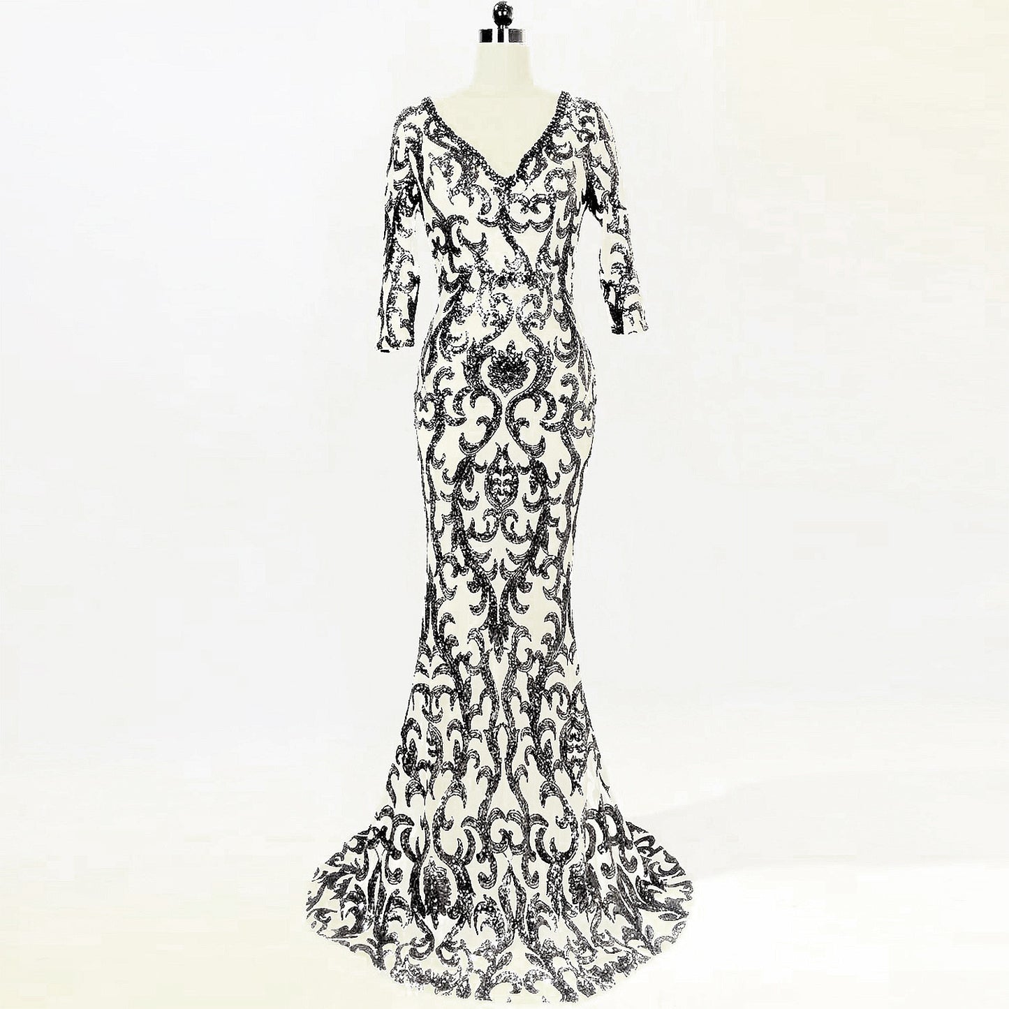 1102 Evening Dress Black Banquet Winter Medium Long Sleeve Long Fish Tail Elegant Slim Host Annual Meeting Dress Dress