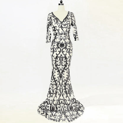 1102 Evening Dress Black Banquet Winter Medium Long Sleeve Long Fish Tail Elegant Slim Host Annual Meeting Dress Dress