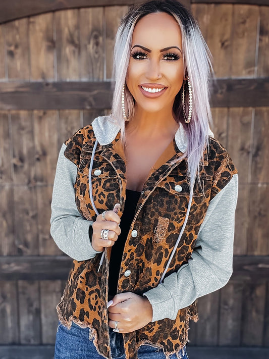 Lovevop-Leopard Print Patchwork Hooded Denim Jackets, Ripped Raw Hem Distressed Long Sleeve Denim Coats, Women's Denim & Clothing