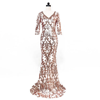 1102 Evening Dress Black Banquet Winter Medium Long Sleeve Long Fish Tail Elegant Slim Host Annual Meeting Dress Dress