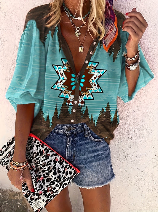 「lovevop」Western Geo Print Blouse, Casual Button V Neck 3/4 Sleeve Blouse For Spring & Summer, Women's Clothing