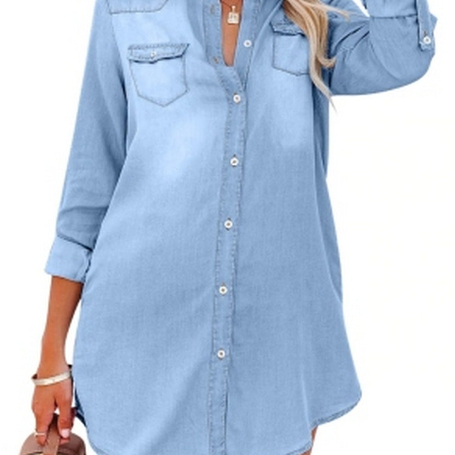 Lovevop-Long Sleeve Denim Shirt Dresses, Casual Light Blue Lapel Button-Down Flap Pockets Denim Dresses, Women's Denim Clothing