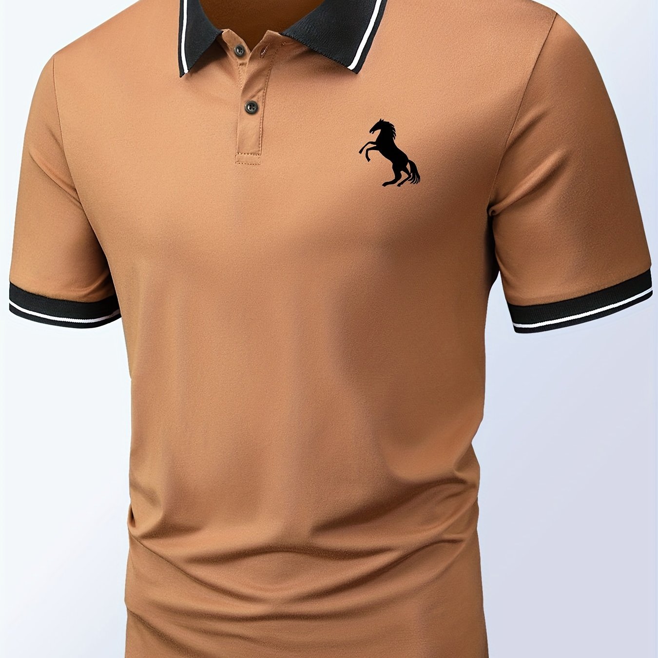 「lovevop」Horse Pattern Casual Slightly Stretch Button Front Short Sleeve Polo Shirt, Men's Clothes For Summer
