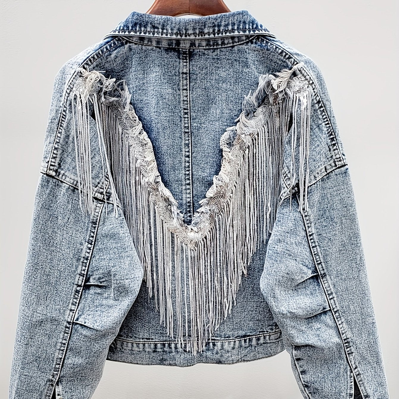 Lovevop-Light Blue Tassel Sequins Denim Jackets, Long Sleeve Flap Pockets Single-Breasted Button Loose Fit Denim Coats, Women's Denim Clothing