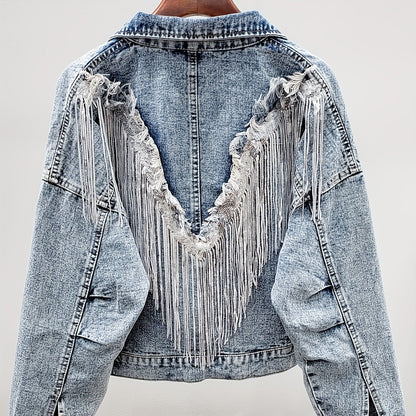 Lovevop-Light Blue Tassel Sequins Denim Jackets, Long Sleeve Flap Pockets Single-Breasted Button Loose Fit Denim Coats, Women's Denim Clothing