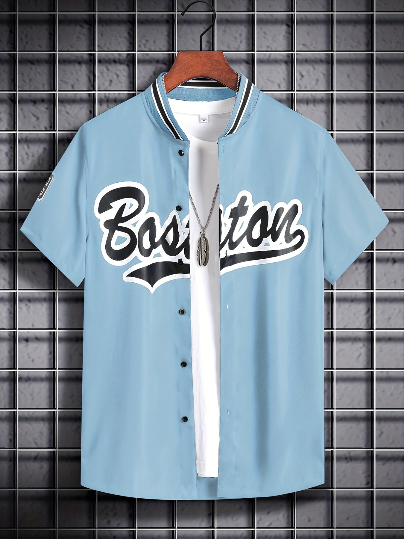 「lovevop」Men's Baseball Collar Short-sleeved Letter Printed Button Up Trendy Cool Casual Shirt
