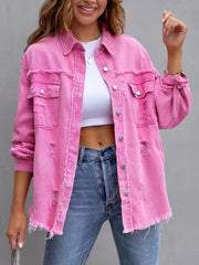 Lovevop-Pink Raw Hem Oversized Denim Jacket, Flap Pocket Long Sleeve Button Denim Coat, Women's Denim & Clothing