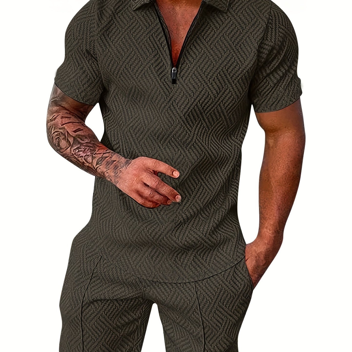 「lovevop」Men's Polyester Thin V-neck Zipper Sweatsuits With V-neck Zipper T-shirt & Shorts Christmas Gifts Best Sellers