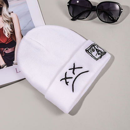 Trendy Sad Face Embroidery Graphic Beanie - Skullies & Beanies with Cuffed Design, Black & White Knit, Hip Hop Style, Casual Wear for Women and Men - Fashionable Winter Accessories