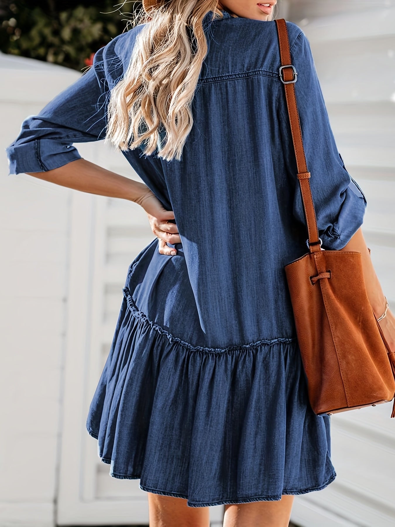 Lovevop-Blue Long Sleeves Denim Dress, Loose Fit Single-Breasted Button Fashion Denim Dress, Women's Denim Clothing