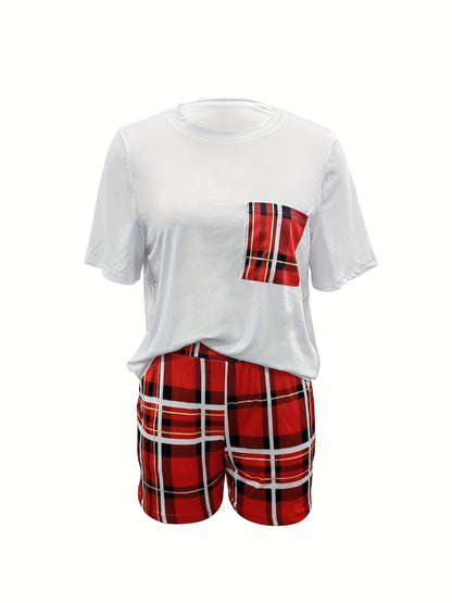 「lovevop」Casual Plaid Two-piece Shorts Set, Short Sleeve T-shirt & Slant Pockets Shorts Outfits, Women's Clothing