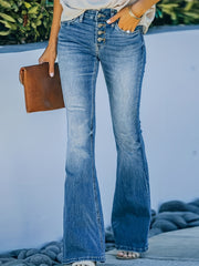 「lovevop」Blue High Waist Flared Jeans, Single-Breasted Button Bell Bottom Slight-Stretch Denim Pants, Women's Denim Jeans & Clothing