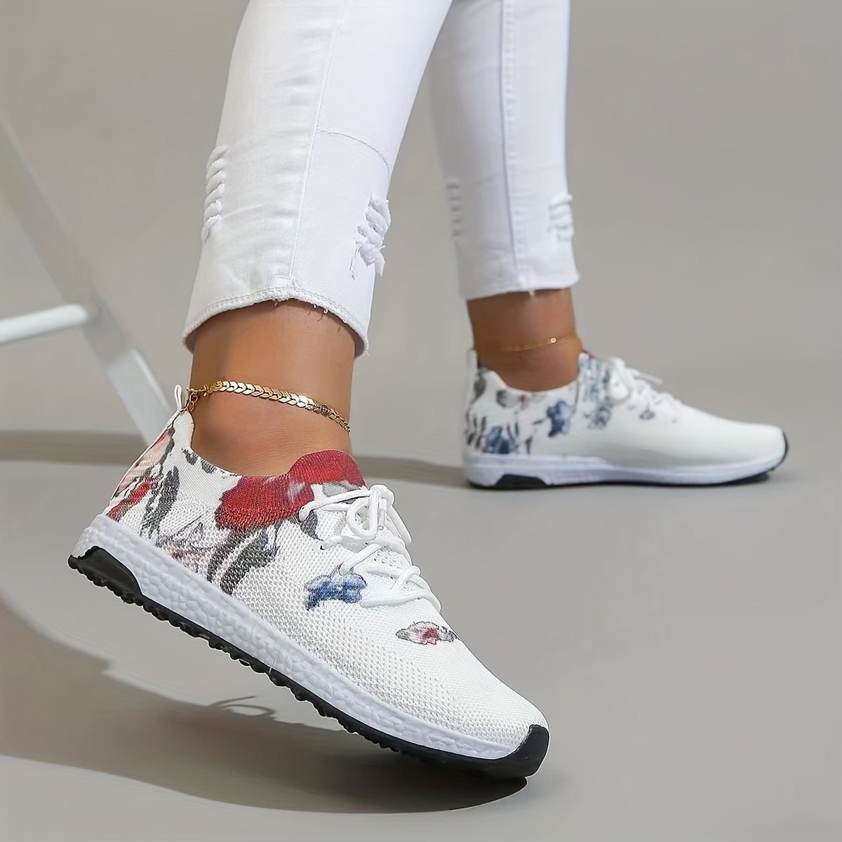 「lovevop」Women's Floral Print Sneakers, Lightweight Low Top Lace Up Shoes, Women's Breathable Knit Shoes