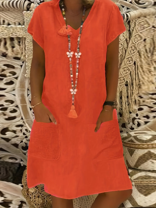 「lovevop」Solid V Neck Dress, Casual Short Sleeve Simple Summer Dress, Women's Clothing