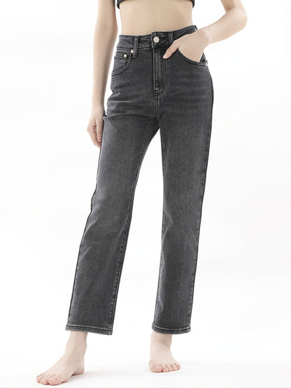 「lovevop」Washed Black Tapered Denim Pants, Classic Slant Pocket Denim Pants, Women's Clothing & Denim