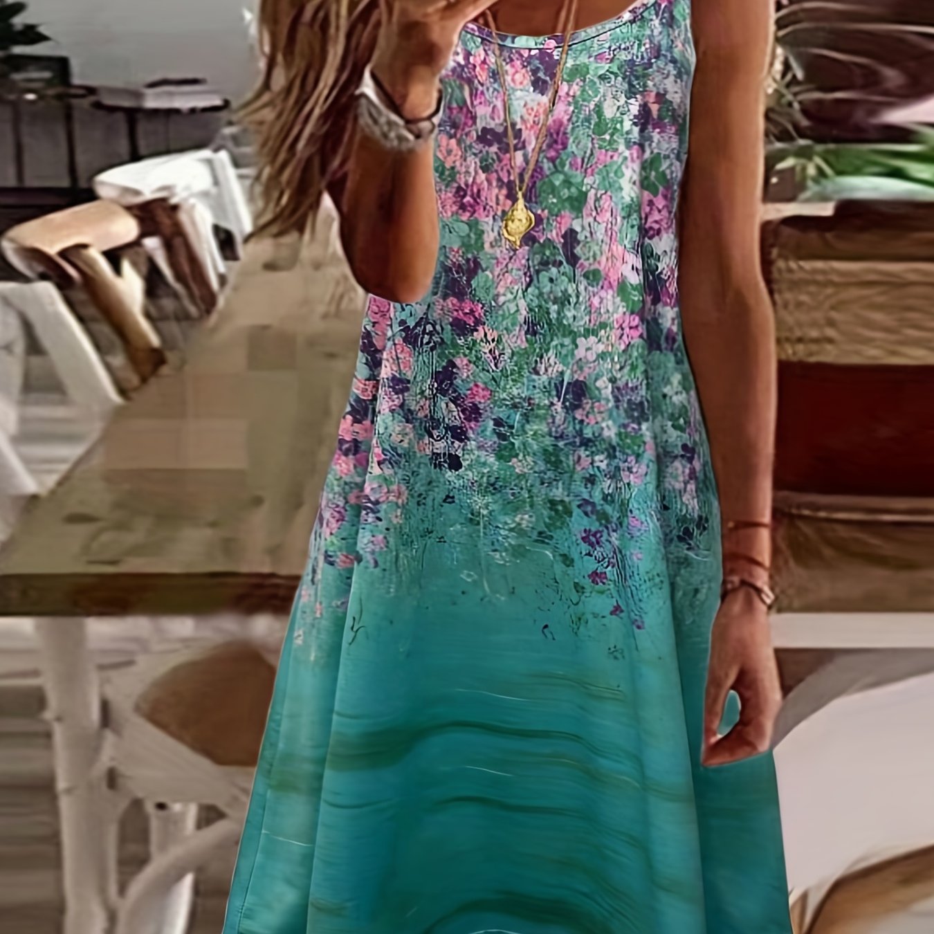 「lovevop」Floral Print Spaghetti Dress, Vacation Sleeveless Scoop Neck Summer Dress, Women's Clothing