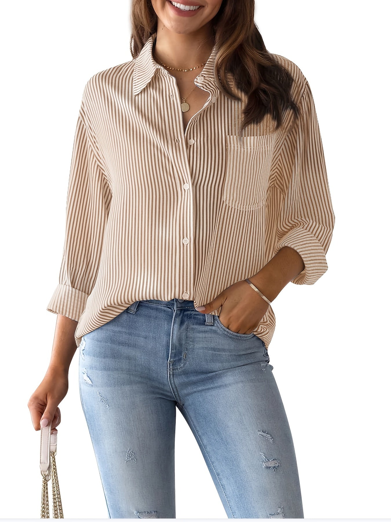 「lovevop」Women's Loose Striped Blouse, Crew Neck Long Sleeve Blouse, Casual Every Day Blouse, Women's Clothing