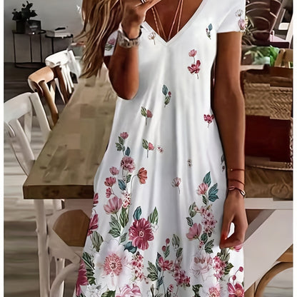 「lovevop」Floral Print Short Sleeve Dress, V Neck Casual Dress For Summer & Spring, Women's Clothing