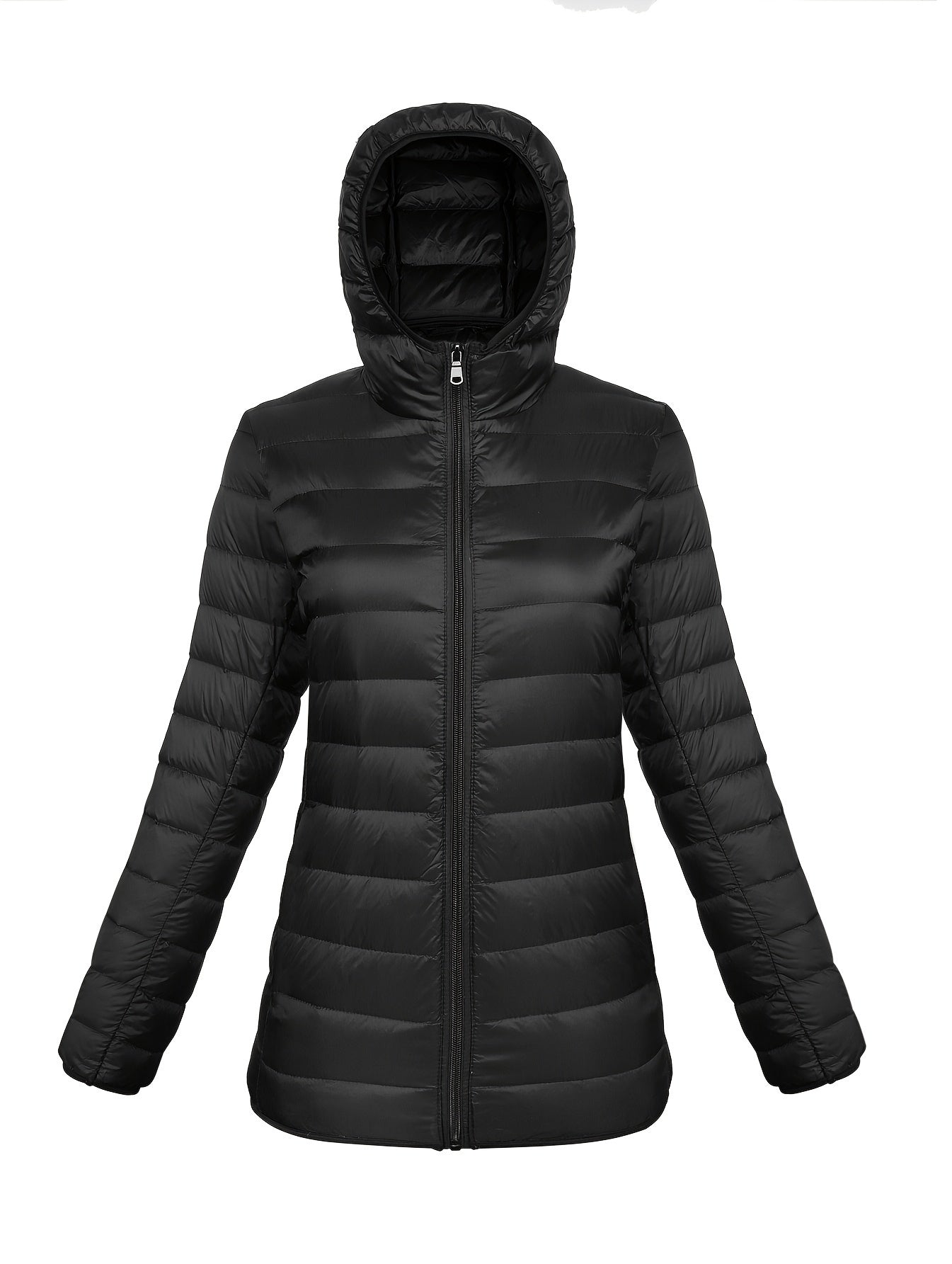 Women's Casual Hooded Puffer Jacket - Long Sleeve, Winter Warmth, Nylon Outdoor Down Coat with Zip-Up Front