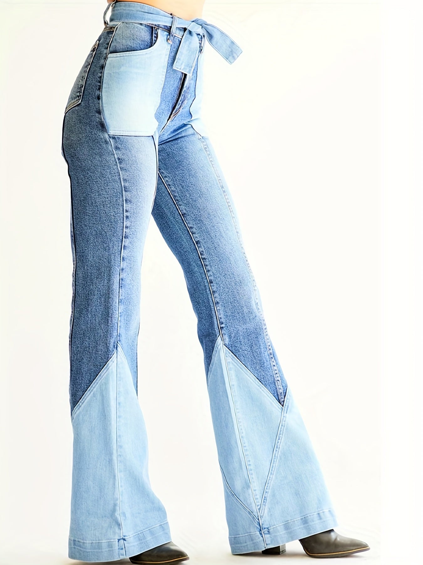 「lovevop」Colorblock High Waist Flare Jeans, Slash Pockets High Rise Bell Bottom With Belt Stretchy Denim Pants, Boho Y2k Kpop Vintage Style, Women's Denim Jeans & Clothing